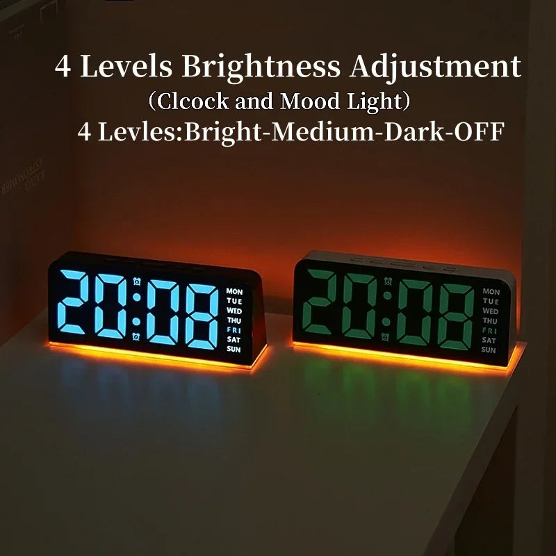 USB Powered Digital Alarm Clock Mood Light TEMP Date Week 2 Alarm Snooze Table Clock 4-level Brightness 12/24H Digital LED Clock