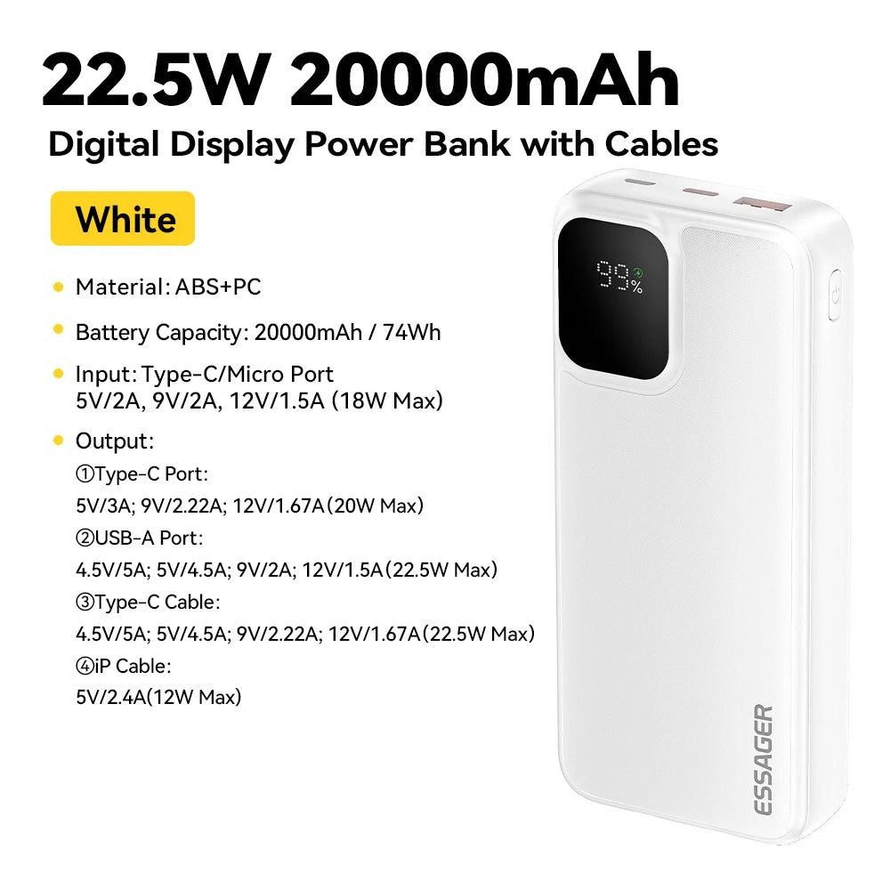 Essager Portable Power Bank 20000mAh with Two Built-in Cables External Battery PD 22.5W Fast Charging For iPhone 17 16 15 Xiaomi