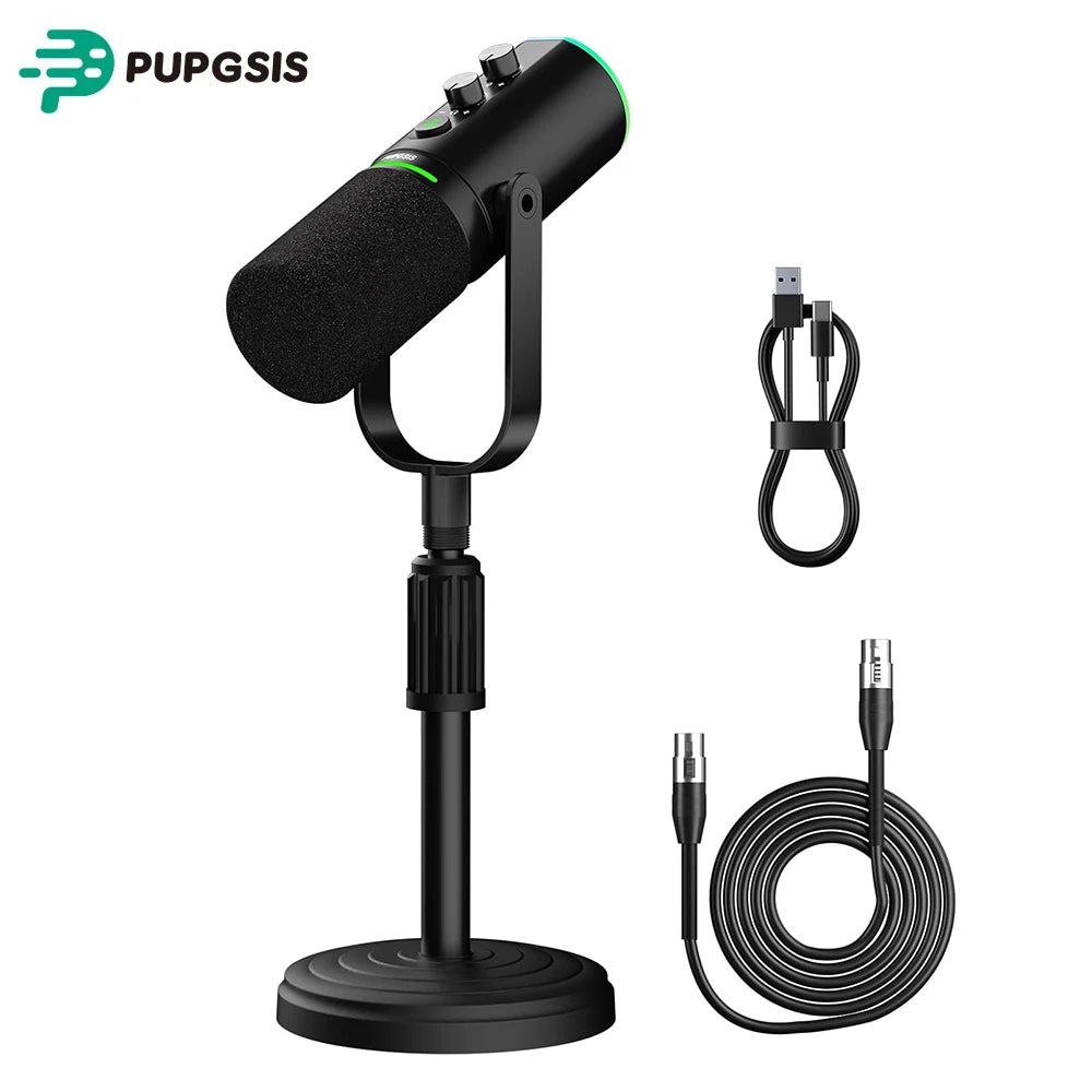 PUPGSIS XLR/USB Podcast Microphone, Gaming Mic with Mute Button, Reverb Effects, Noise Cancellation, Boom Arm Stand, Headphones Jack, Dynamic Microphone for Streaming/Recording/Gaming/Vocal