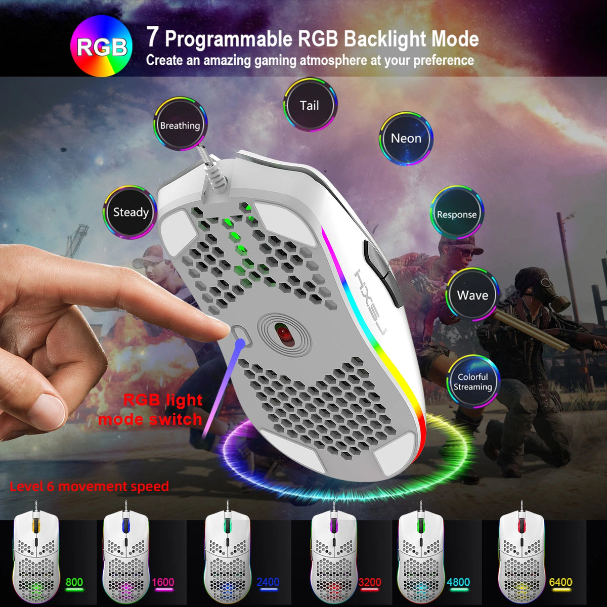 Hot Sale HXSJ J900 Gaming Mice RGB Luminous Lightweight Macro Programming Hollow Ergonomics Wired Mouse for Laptop Game Office