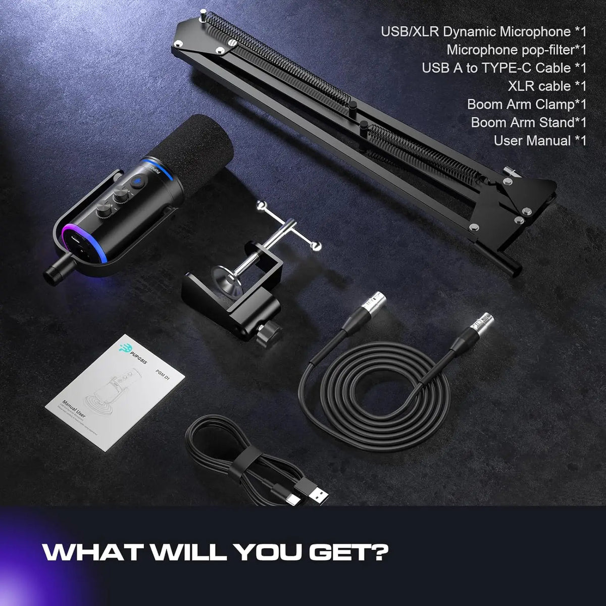 PUPGSIS XLR/USB Podcast Microphone, Gaming Mic with Mute Button, Reverb Effects, Noise Cancellation, Boom Arm Stand, Headphones Jack, Dynamic Microphone for Streaming/Recording/Gaming/Vocal