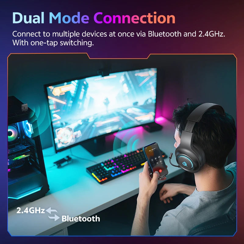 QCY Heroad V200 Gaming Over Ear Headphone Wireless Bluetooth 6.0 with Mic 50mm Driver 7.1 Surround Sound Dynamic EQ RGB Headset