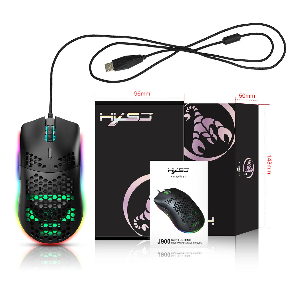 Hot Sale HXSJ J900 Gaming Mice RGB Luminous Lightweight Macro Programming Hollow Ergonomics Wired Mouse for Laptop Game Office