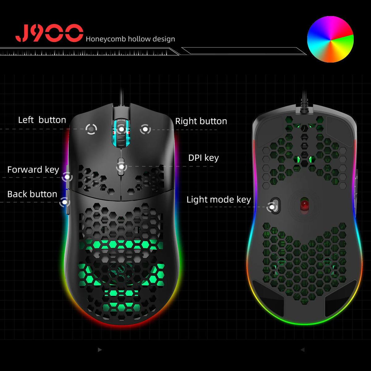 Hot Sale HXSJ J900 Gaming Mice RGB Luminous Lightweight Macro Programming Hollow Ergonomics Wired Mouse for Laptop Game Office