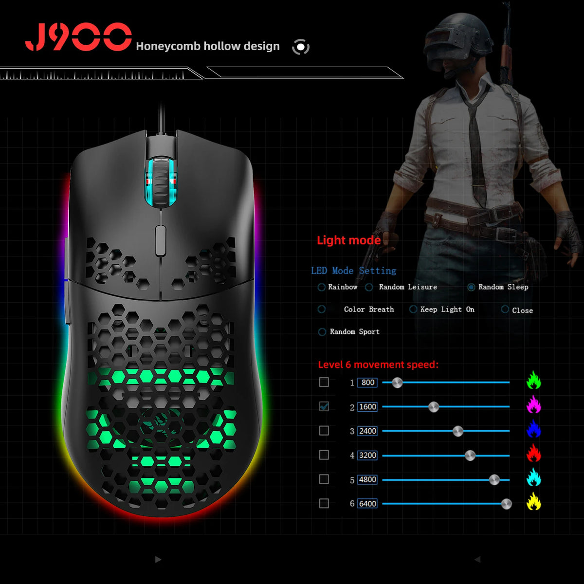 Hot Sale HXSJ J900 Gaming Mice RGB Luminous Lightweight Macro Programming Hollow Ergonomics Wired Mouse for Laptop Game Office