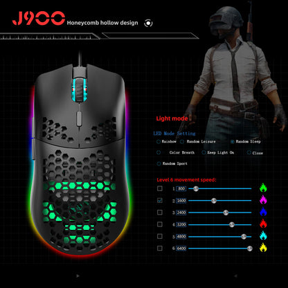 Hot Sale HXSJ J900 Gaming Mice RGB Luminous Lightweight Macro Programming Hollow Ergonomics Wired Mouse for Laptop Game Office