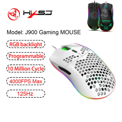 Hot Sale HXSJ J900 Gaming Mice RGB Luminous Lightweight Macro Programming Hollow Ergonomics Wired Mouse for Laptop Game Office