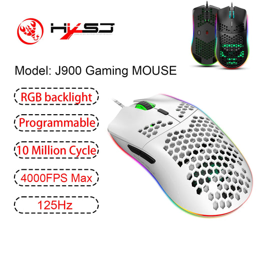 Hot Sale HXSJ J900 Gaming Mice RGB Luminous Lightweight Macro Programming Hollow Ergonomics Wired Mouse for Laptop Game Office