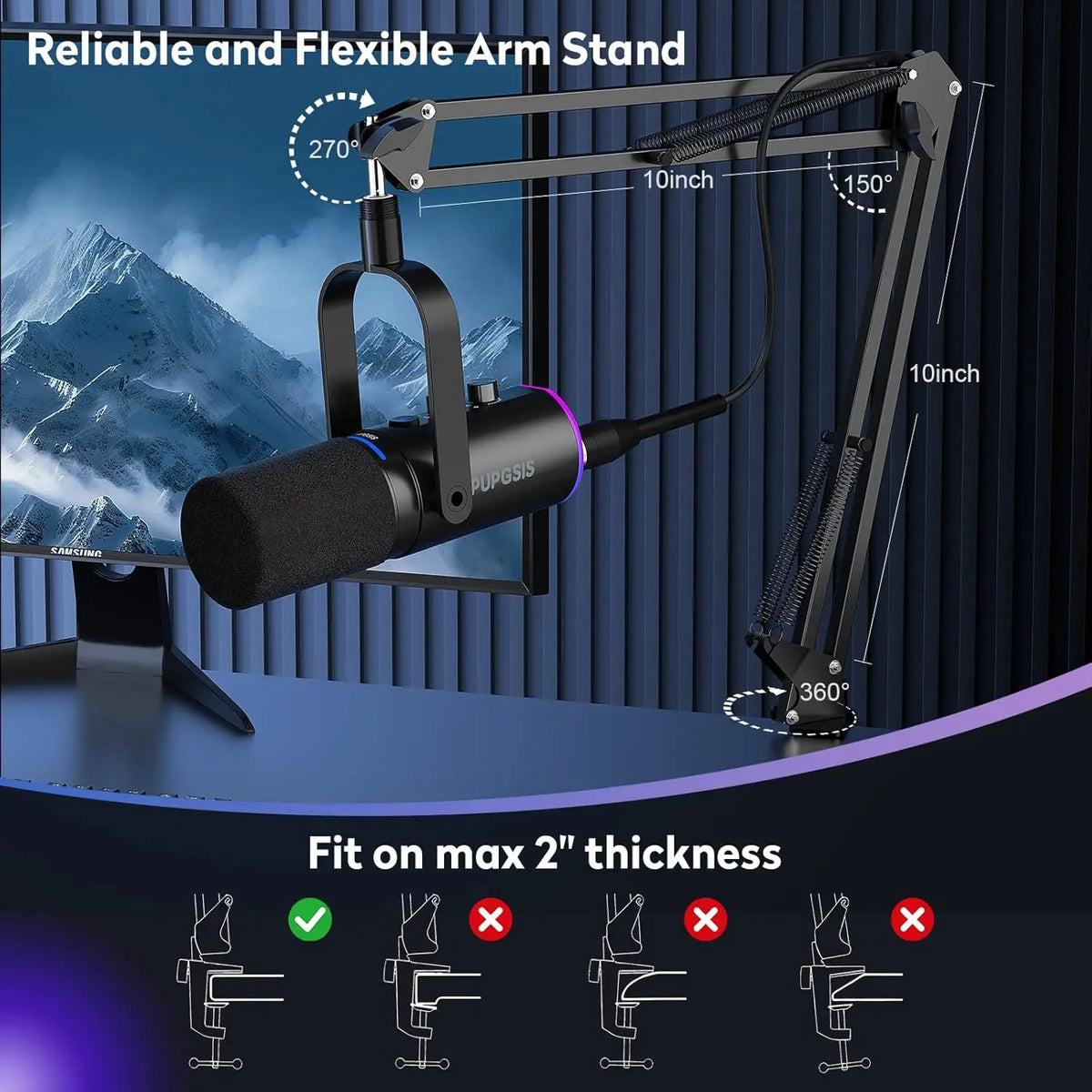 PUPGSIS XLR/USB Podcast Microphone, Gaming Mic with Mute Button, Reverb Effects, Noise Cancellation, Boom Arm Stand, Headphones Jack, Dynamic Microphone for Streaming/Recording/Gaming/Vocal
