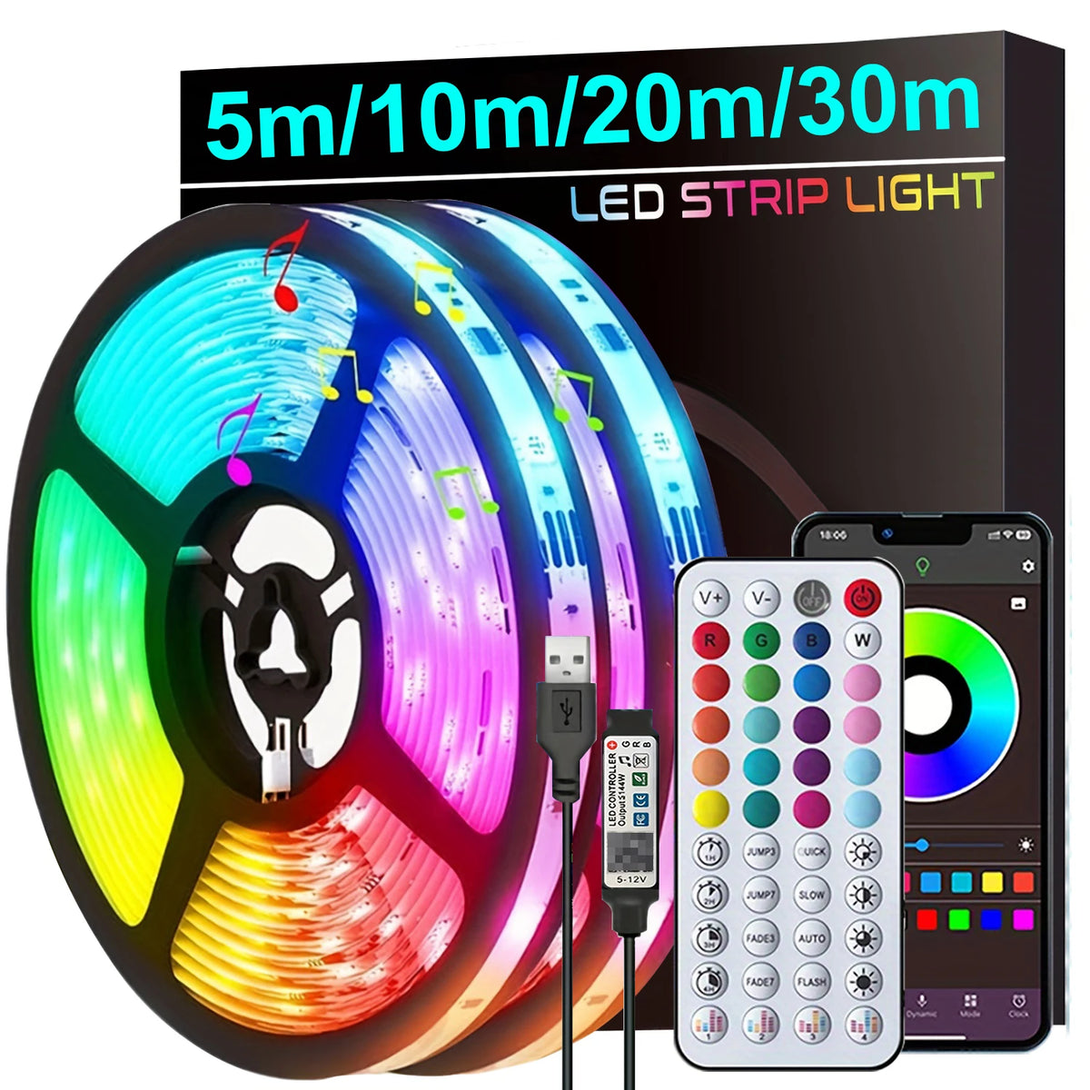 LED Strip Lights Music Sync – RGB App Control for Room & TV
