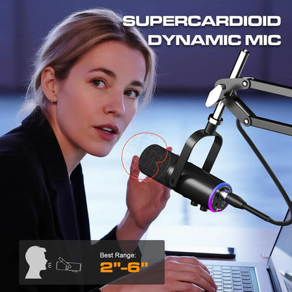 PUPGSIS XLR/USB Podcast Microphone, Gaming Mic with Mute Button, Reverb Effects, Noise Cancellation, Boom Arm Stand, Headphones Jack, Dynamic Microphone for Streaming/Recording/Gaming/Vocal