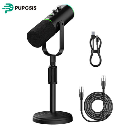 PUPGSIS XLR/USB Podcast Microphone, Gaming Mic with Mute Button, Reverb Effects, Noise Cancellation, Boom Arm Stand, Headphones Jack, Dynamic Microphone for Streaming/Recording/Gaming/Vocal