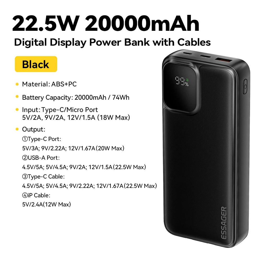 Essager Portable Power Bank 20000mAh with Two Built-in Cables External Battery PD 22.5W Fast Charging For iPhone 17 16 15 Xiaomi