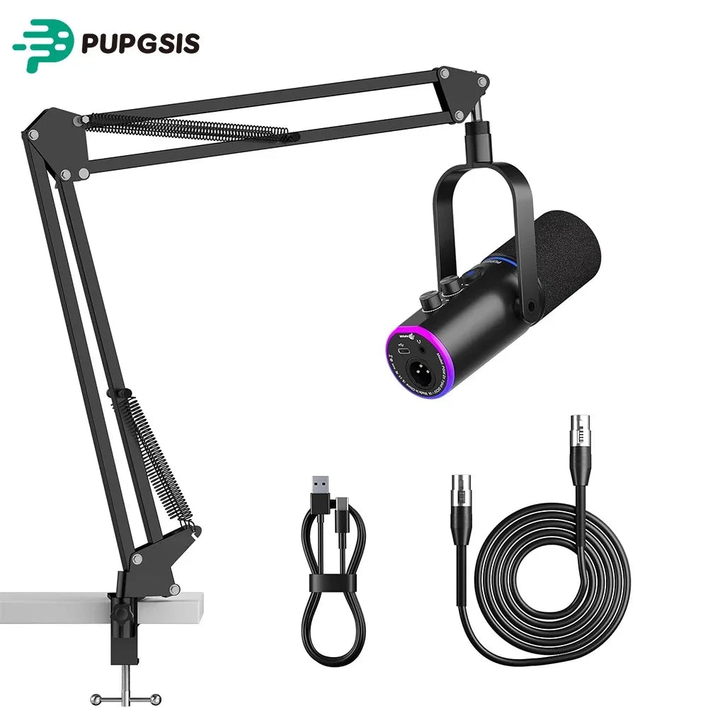 PUPGSIS XLR/USB Podcast Microphone, Gaming Mic with Mute Button, Reverb Effects, Noise Cancellation, Boom Arm Stand, Headphones Jack, Dynamic Microphone for Streaming/Recording/Gaming/Vocal