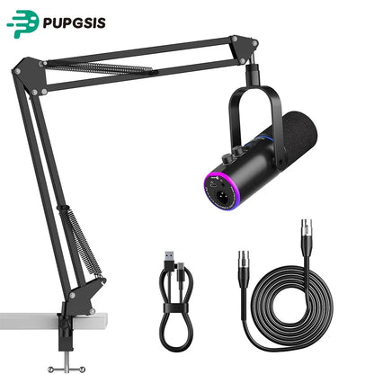 PUPGSIS XLR/USB Podcast Microphone, Gaming Mic with Mute Button, Reverb Effects, Noise Cancellation, Boom Arm Stand, Headphones Jack, Dynamic Microphone for Streaming/Recording/Gaming/Vocal