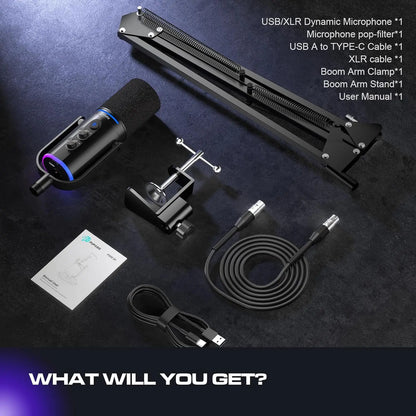 PUPGSIS XLR/USB Podcast Microphone, Gaming Mic with Mute Button, Reverb Effects, Noise Cancellation, Boom Arm Stand, Headphones Jack, Dynamic Microphone for Streaming/Recording/Gaming/Vocal