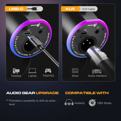 PUPGSIS XLR/USB Podcast Microphone, Gaming Mic with Mute Button, Reverb Effects, Noise Cancellation, Boom Arm Stand, Headphones Jack, Dynamic Microphone for Streaming/Recording/Gaming/Vocal