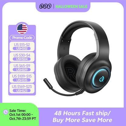 QCY Heroad V200 Gaming Over Ear Headphone Wireless Bluetooth 6.0 with Mic 50mm Driver 7.1 Surround Sound Dynamic EQ RGB Headset